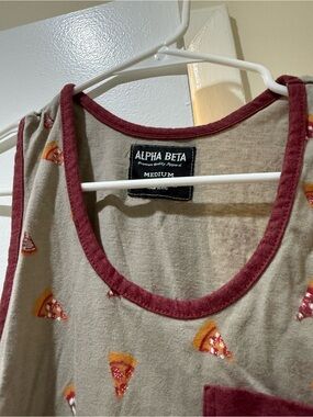 Alpha Beta Men's Beige Pizza Print Tank Top with Burgundy Trim, size M
